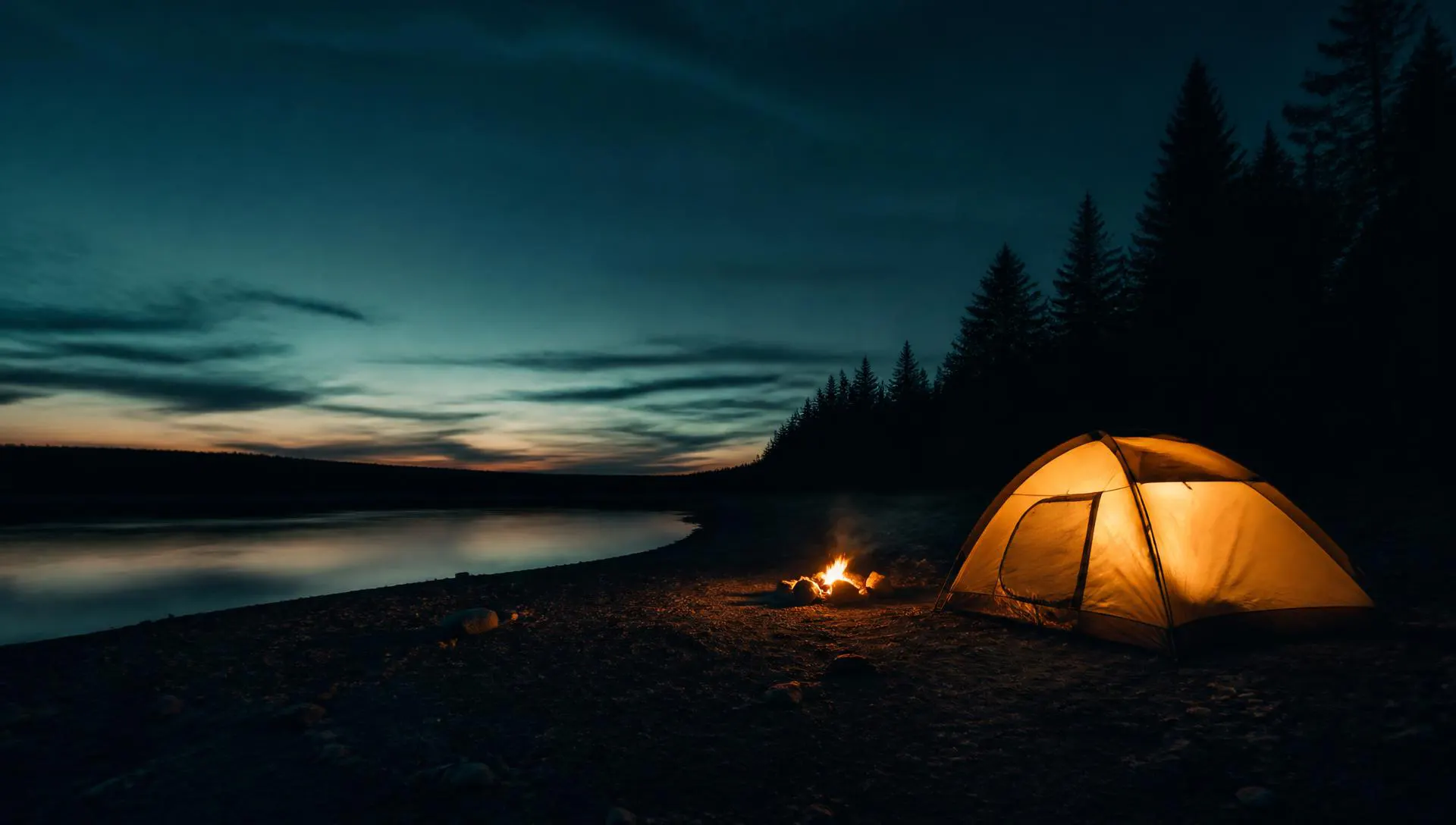 A lit tent and small campfire beside still water at dusk